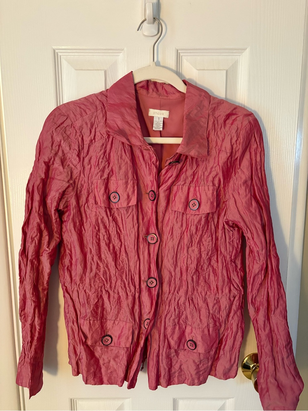 Chico's Rose Pink Crinkle Button-Up Jacket